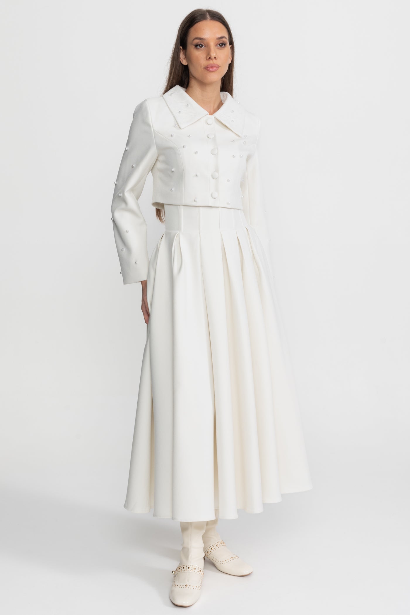 Pearl-Embellished Co-Ord Set with Cropped Jacket and Full Skirt – White - ICYBOO