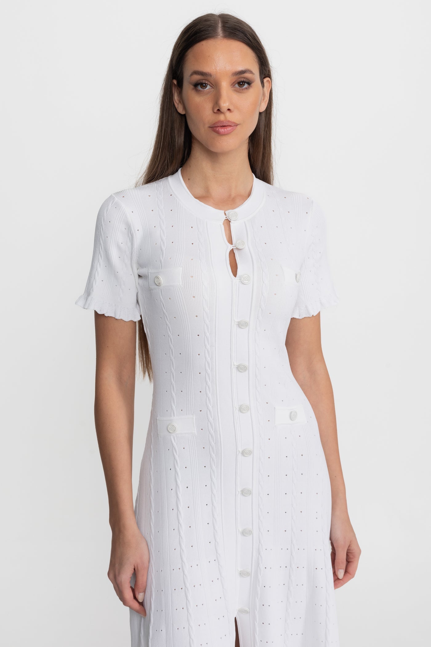 Knit Button-Front Midi Dress with Scalloped Sleeves – White - ICYBOO