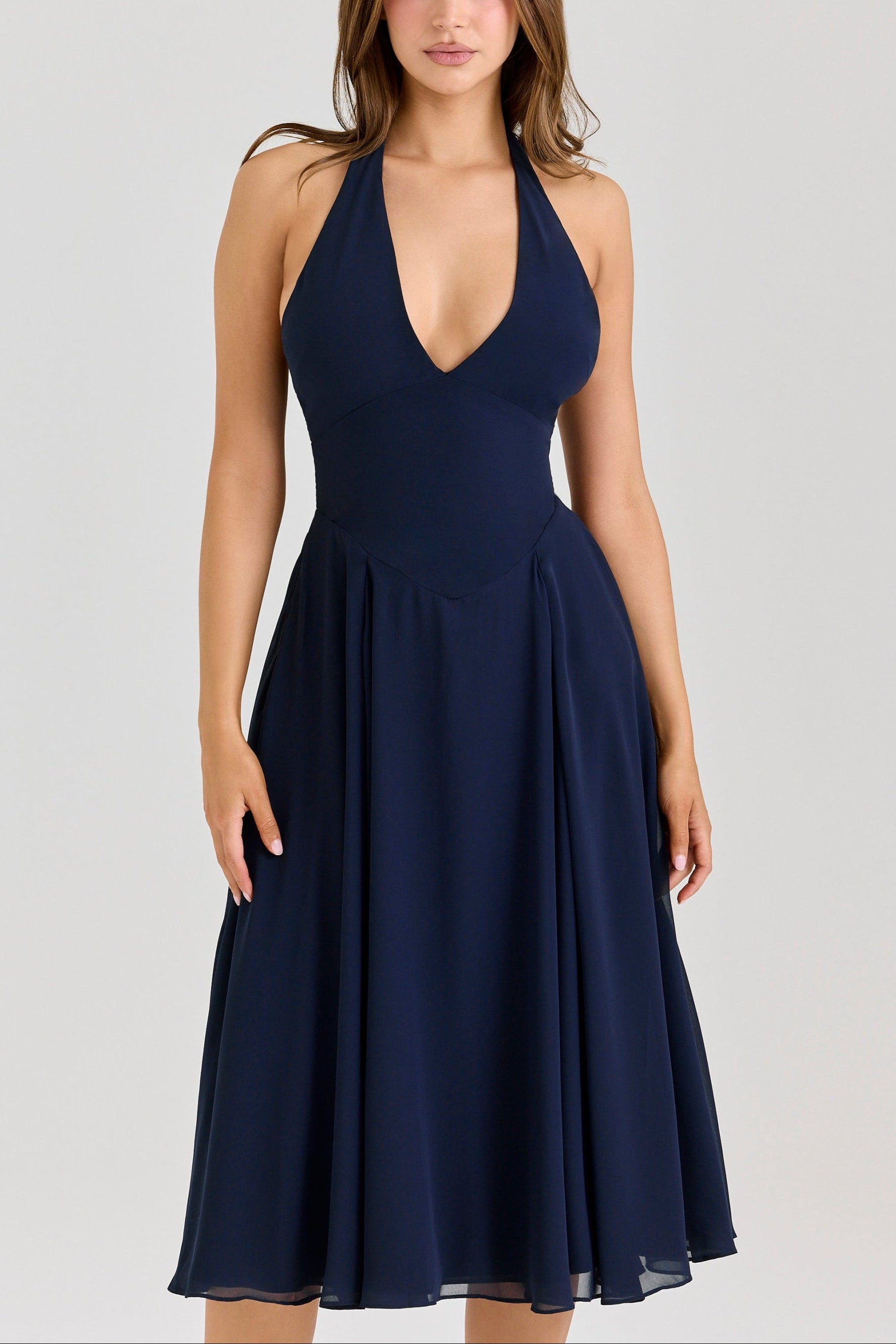 Rozaliya navy georgette halter midi dress ICYBOO