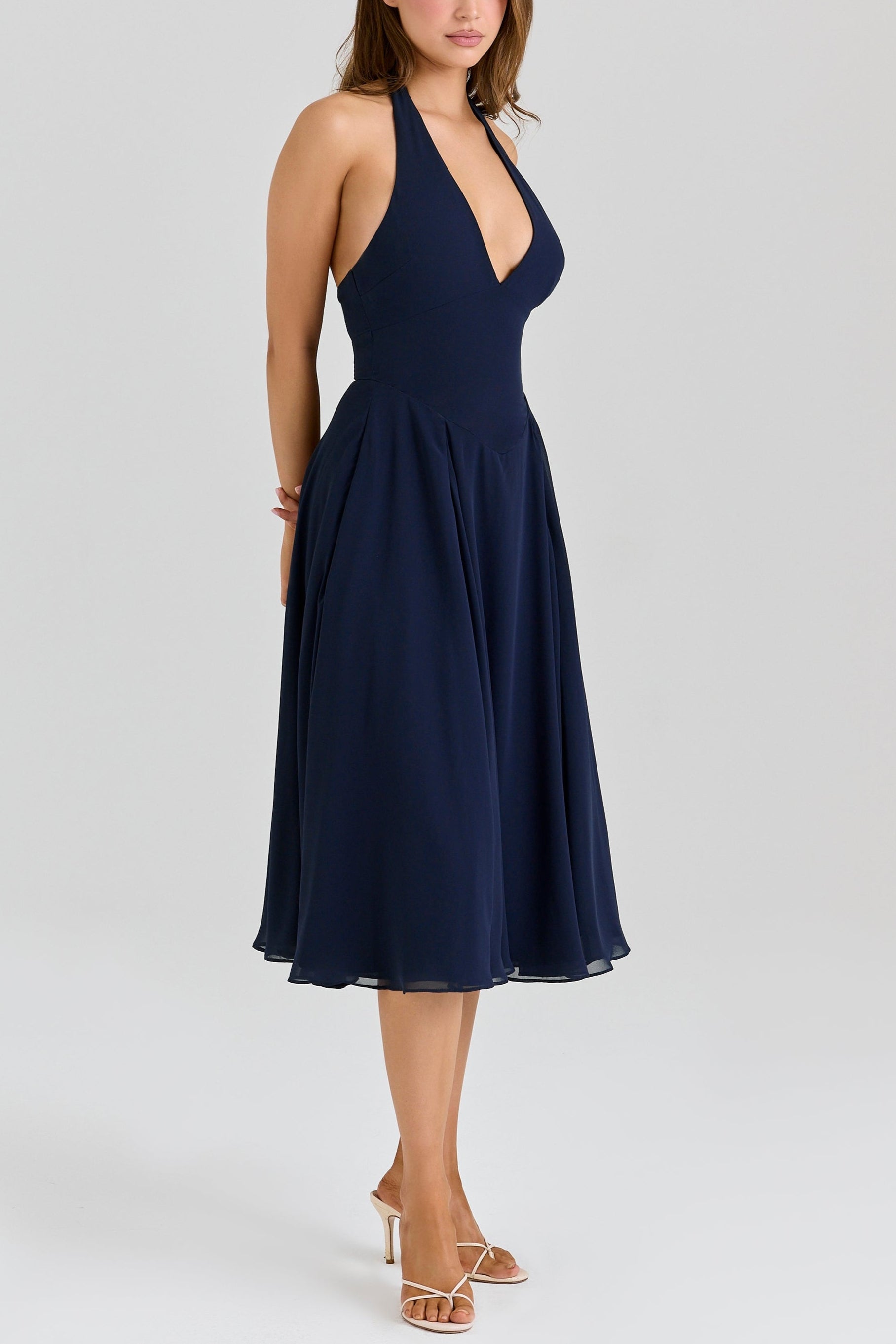Rozaliya navy georgette halter midi dress ICYBOO