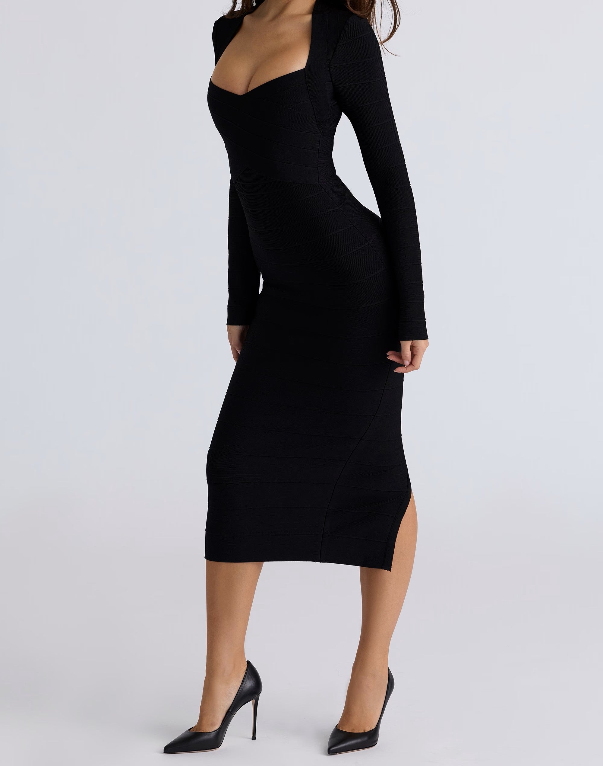 Black Long Sleeve Bandage Midi Dress ICYBOO