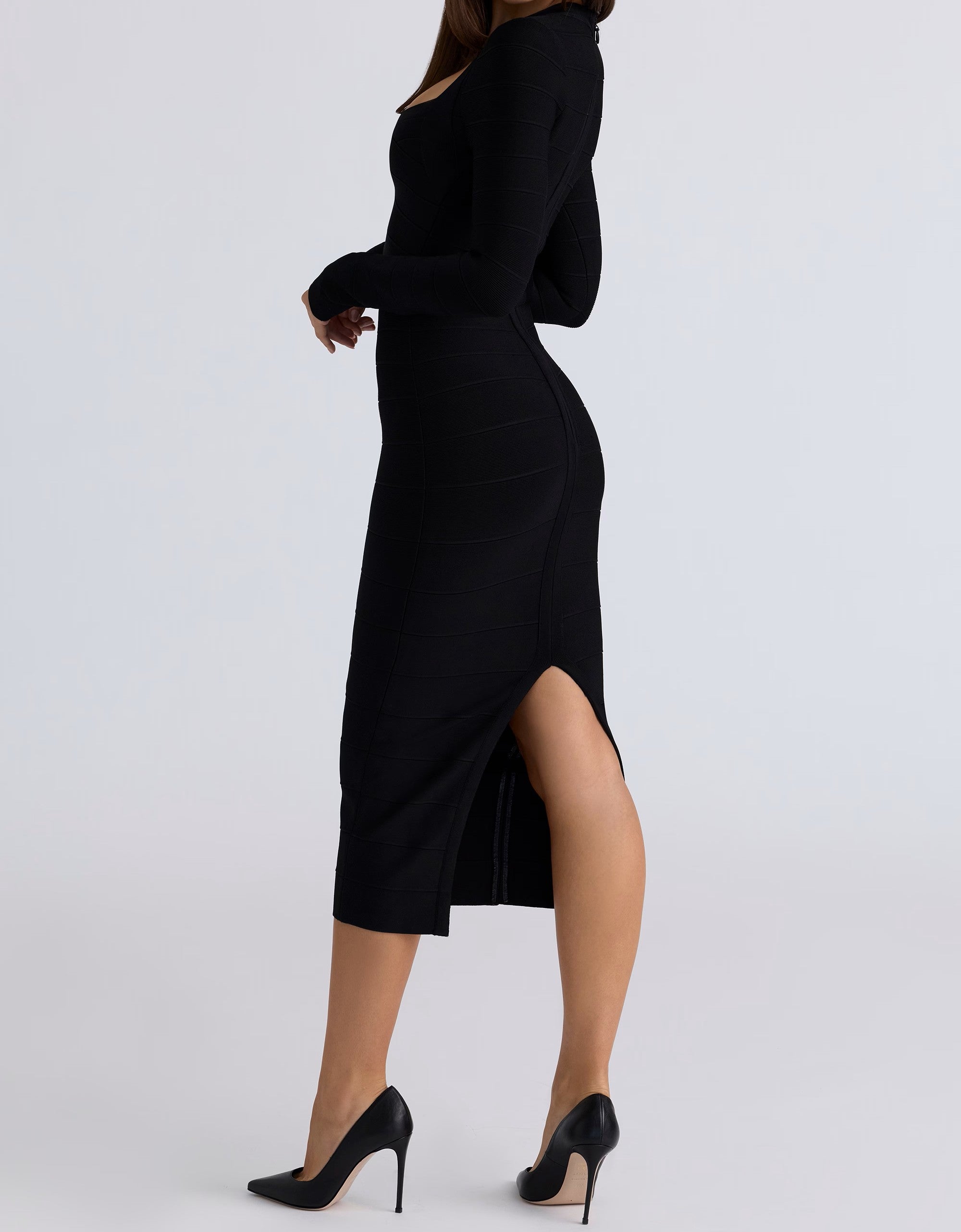 Black Long Sleeve Bandage Midi Dress ICYBOO