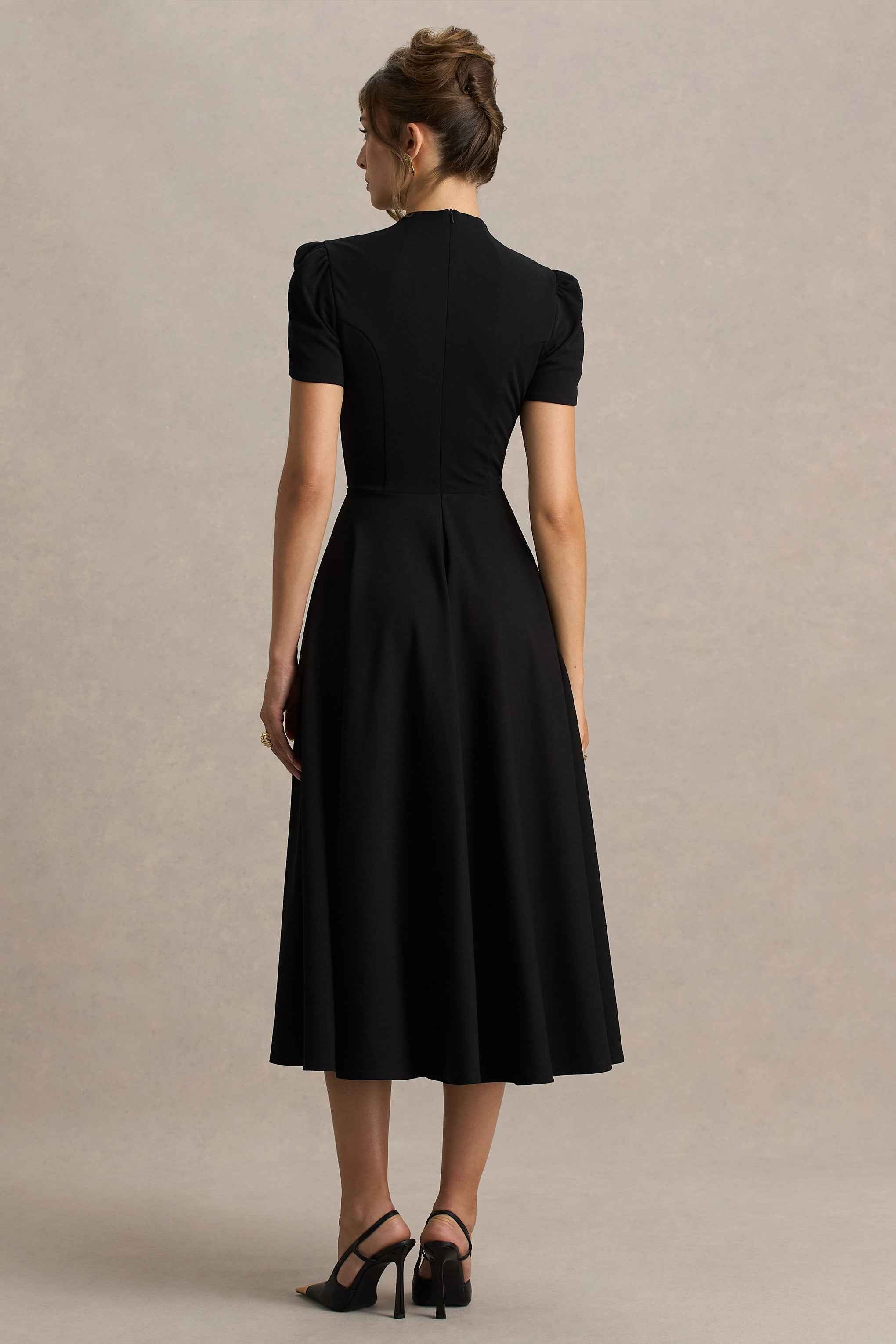 Vicky Midi Dress - Black High Neck Puff Sleeves