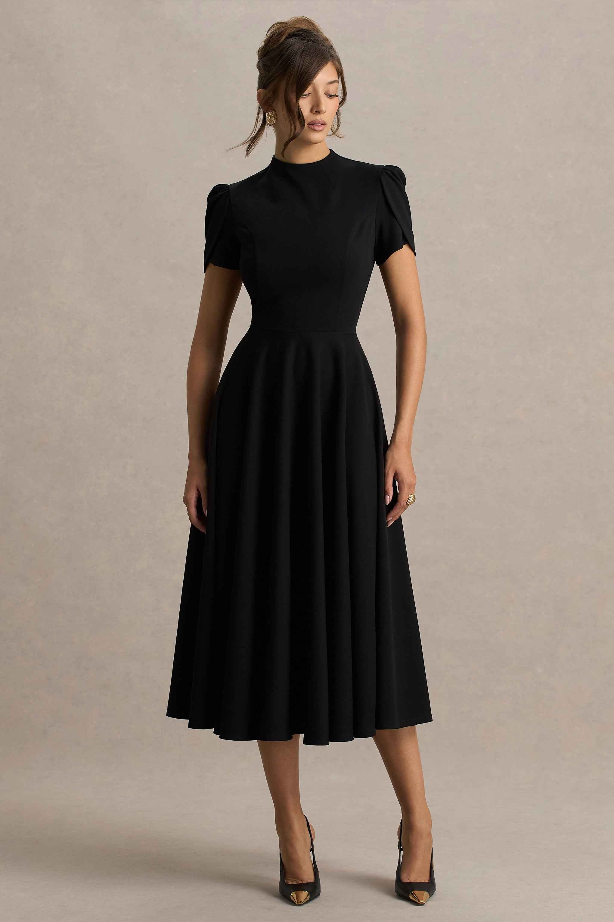 Vicky Midi Dress - Black High Neck Puff Sleeves
