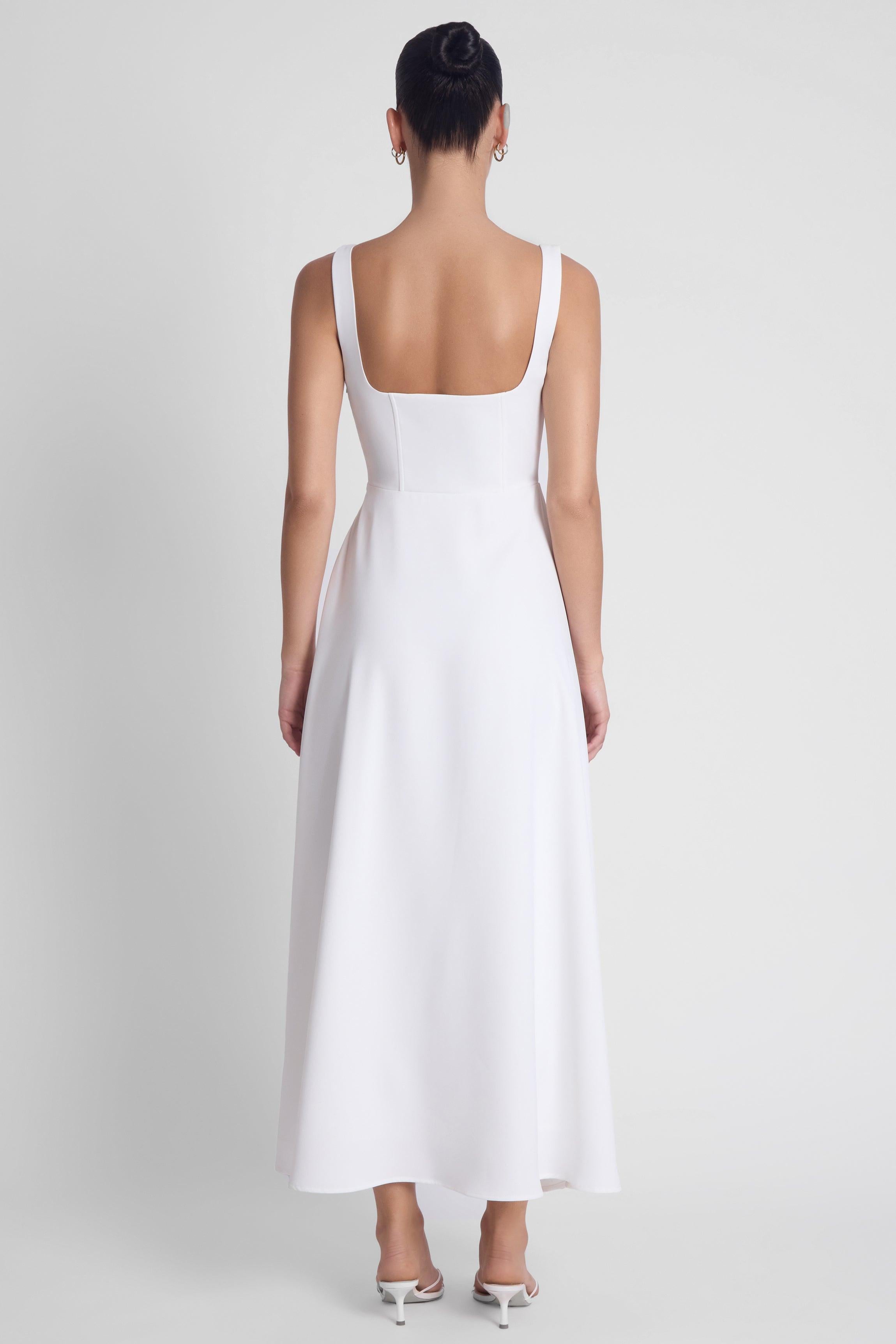 White Serenity Midi Dress with Square Neck Corset Design ICYBOO