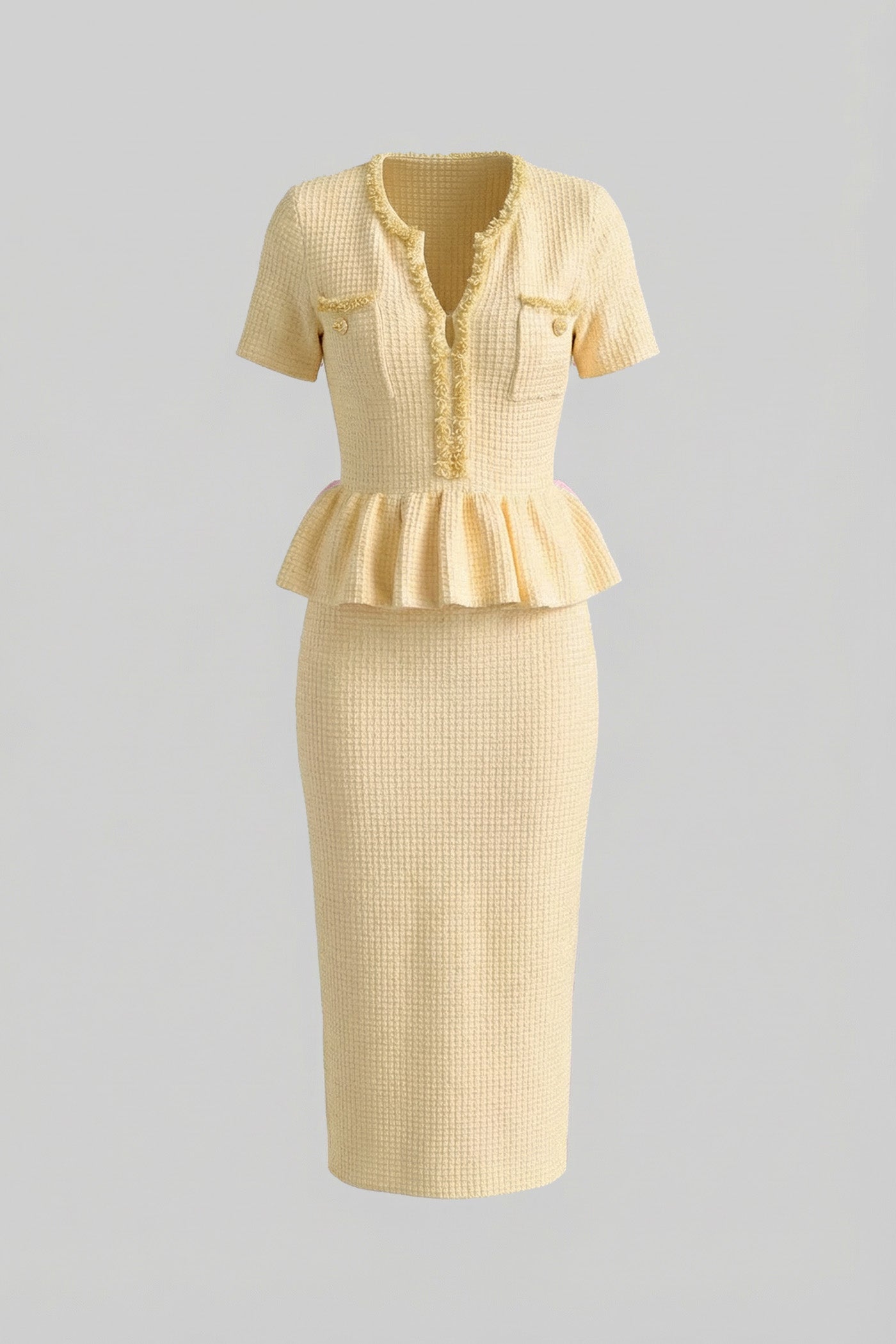 Textured Knit Midi Dress with Peplum Waist Detail – Yellow - ICYBOO